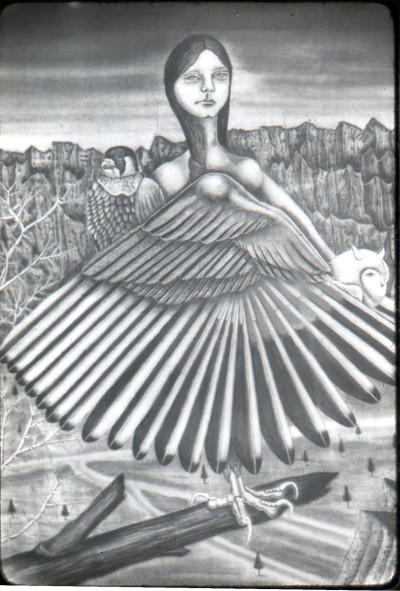 Chaco Canyon Harpy, 1976, charcoal on paper, 32" x 26"