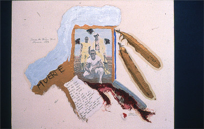 Santa Fe Prison Riot #6, 1982, photos, text, objects, paint on poster board, 18" x 24"